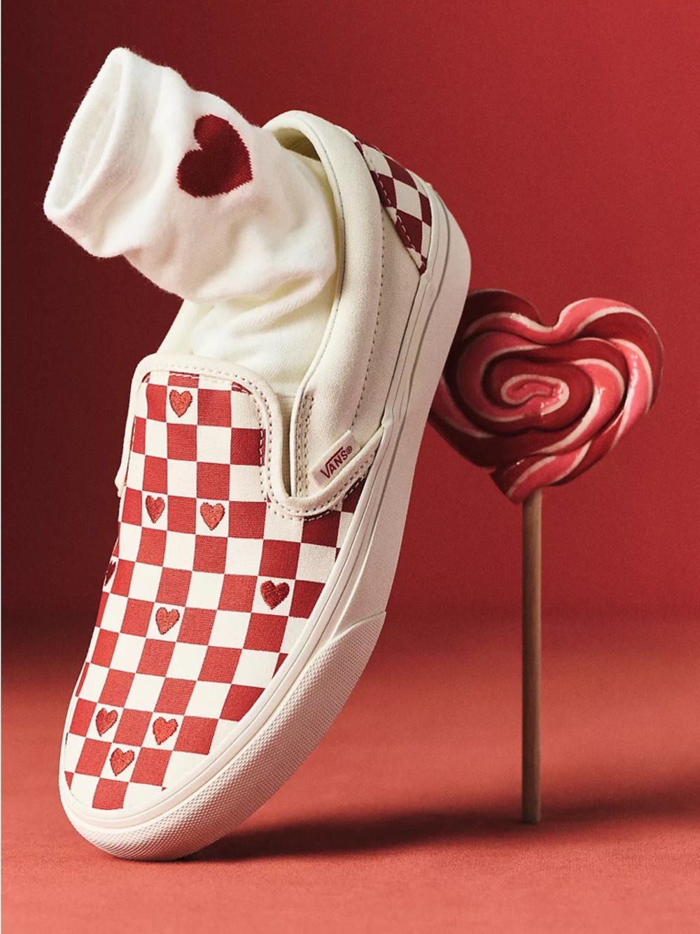 Vans Slip-On Checkerboard Sneaker in Red & White Hearts
